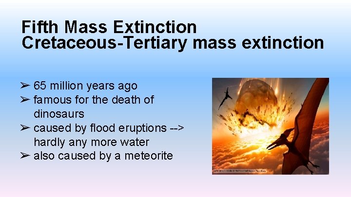 Fifth Mass Extinction Cretaceous-Tertiary mass extinction ➢ 65 million years ago ➢ famous for