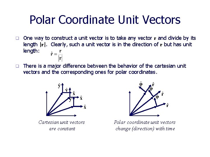 Polar Coordinate Unit Vectors q One way to construct a unit vector is to