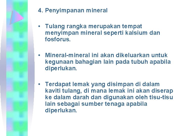 4. Penyimpanan mineral • Tulang rangka merupakan tempat menyimpan mineral seperti kalsium dan fosforus.