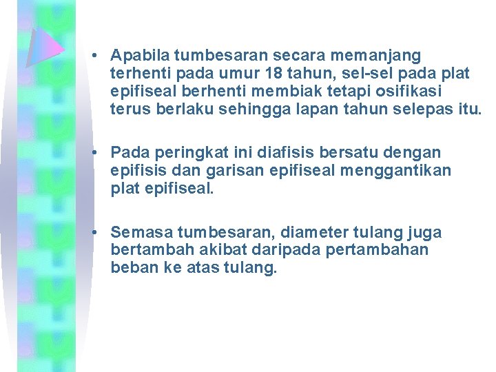  • Apabila tumbesaran secara memanjang terhenti pada umur 18 tahun, sel-sel pada plat