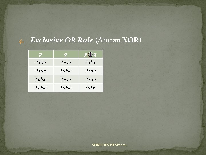 4. Exclusive OR Rule (Aturan XOR) p q True False True False STIKI INDONESIA