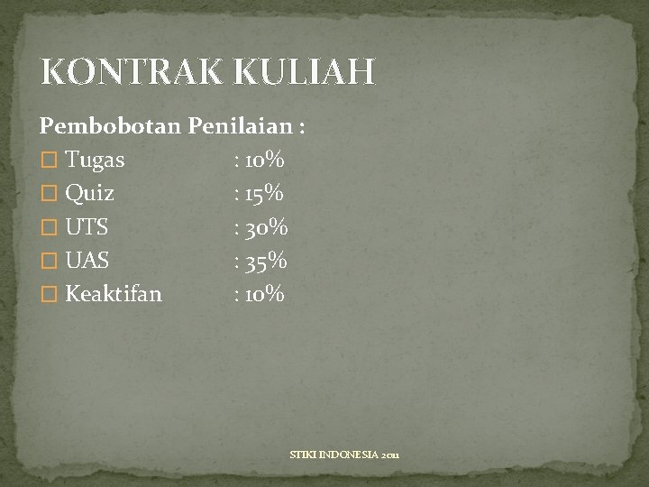 KONTRAK KULIAH Pembobotan Penilaian : � Tugas : 10% � Quiz : 15% �