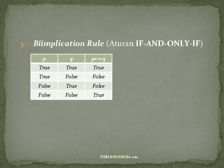 5. Biimplication Rule (Aturan IF-AND-ONLY-IF) p q True False False True STIKI INDONESIA 2011