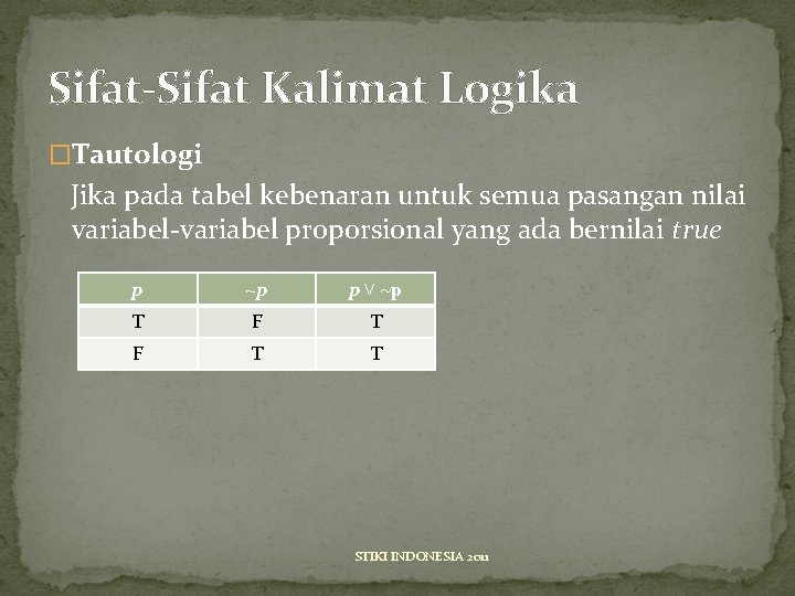 Sifat-Sifat Kalimat Logika �Tautologi Jika pada tabel kebenaran untuk semua pasangan nilai variabel-variabel proporsional