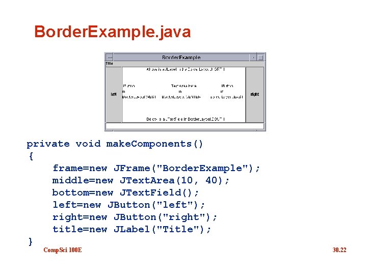 Border. Example. java private void make. Components() { frame=new JFrame("Border. Example"); middle=new JText. Area(10,