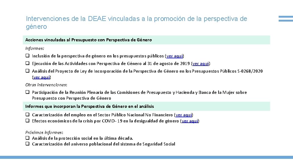 Intervenciones de la DEAE vinculadas a la promoción de la perspectiva de género Acciones