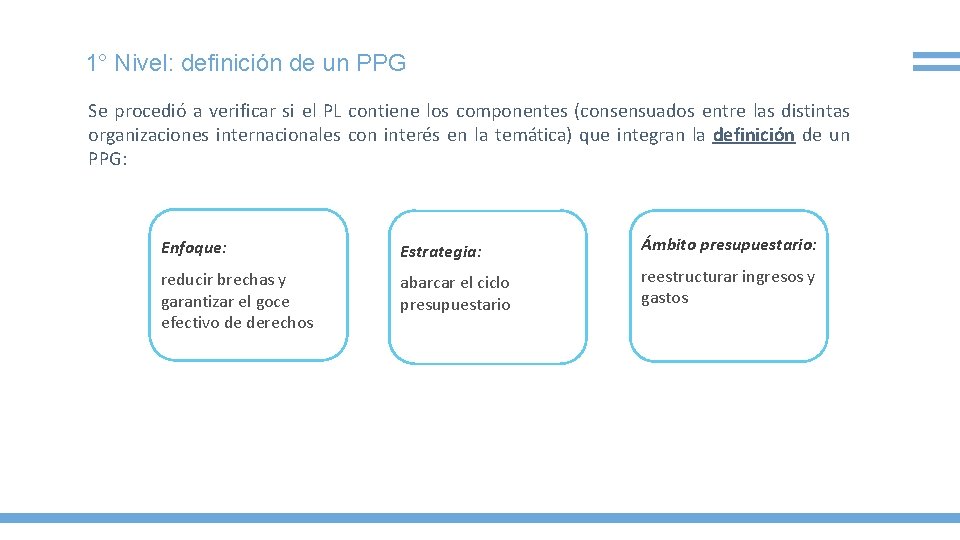 1° Nivel: definición de un PPG Se procedió a verificar si el PL contiene