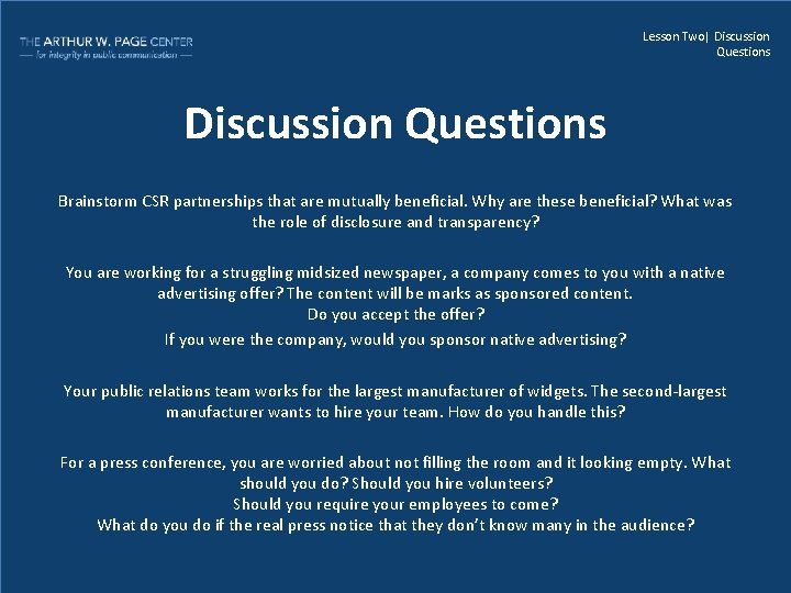 Lesson Two| Discussion Questions Brainstorm CSR partnerships that are mutually beneficial. Why are these