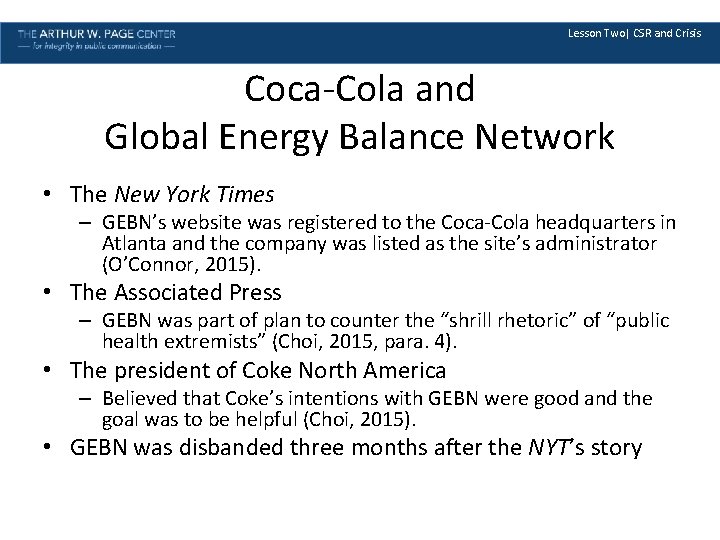 Lesson Two| CSR and Crisis Coca-Cola and Global Energy Balance Network • The New