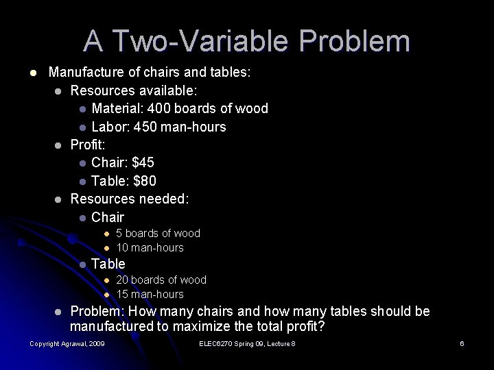 A Two-Variable Problem l Manufacture of chairs and tables: l Resources available: l Material: