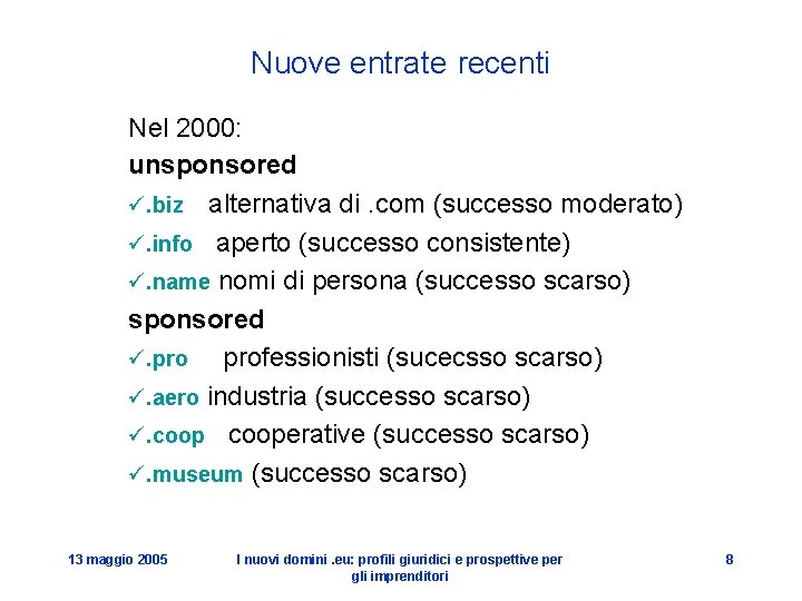 Nuove entrate recenti Nel 2000: unsponsored ü. biz alternativa di. com (successo moderato) ü.