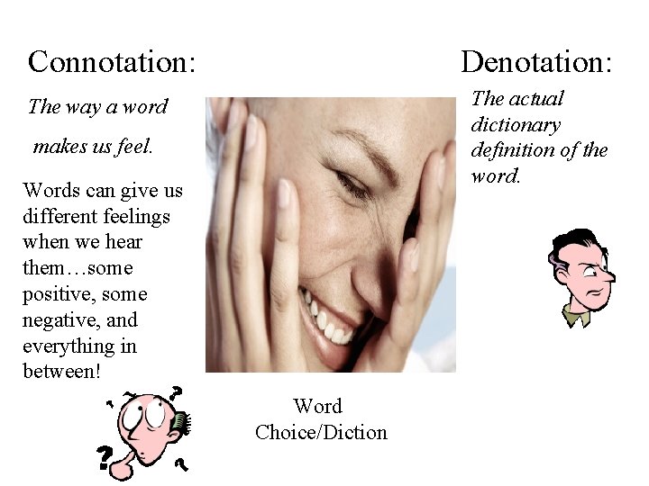 Connotation: Denotation: The actual dictionary definition of the word. The way a word makes