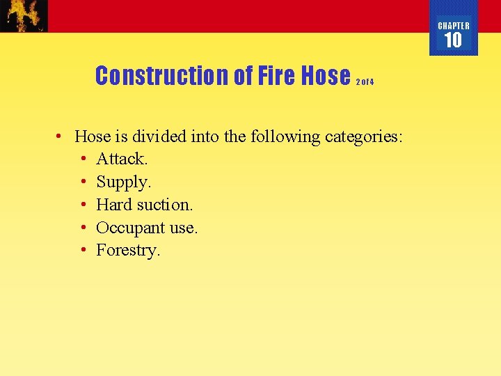 CHAPTER 10 Construction of Fire Hose 2 of 4 • Hose is divided into