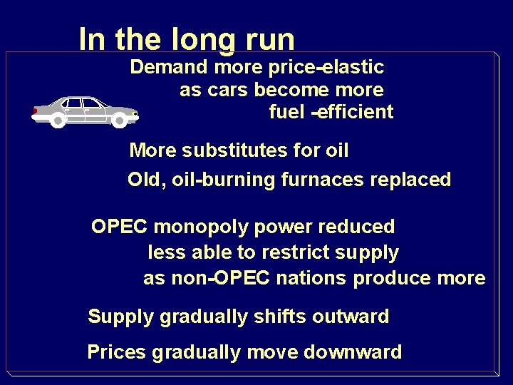 In the long run Demand more price-elastic as cars become more fuel -efficient More