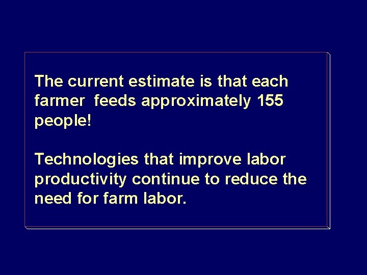 The current estimate is that each farmer feeds approximately 155 people! Technologies that improve