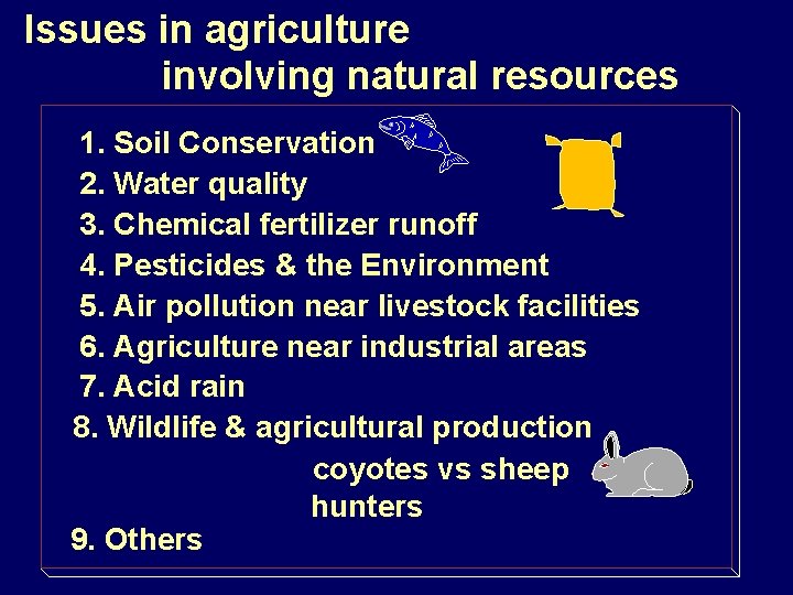 Issues in agriculture involving natural resources 1. Soil Conservation 2. Water quality 3. Chemical