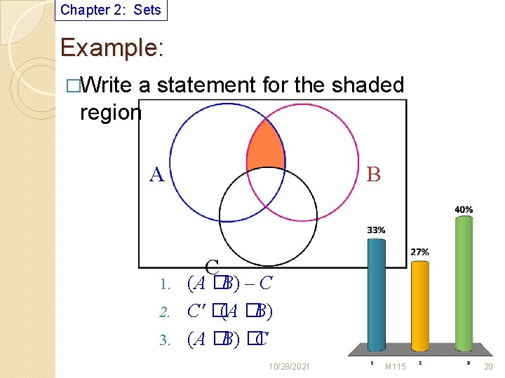 Chapter 2: Sets Example: �Write a statement for the shaded region A B C
