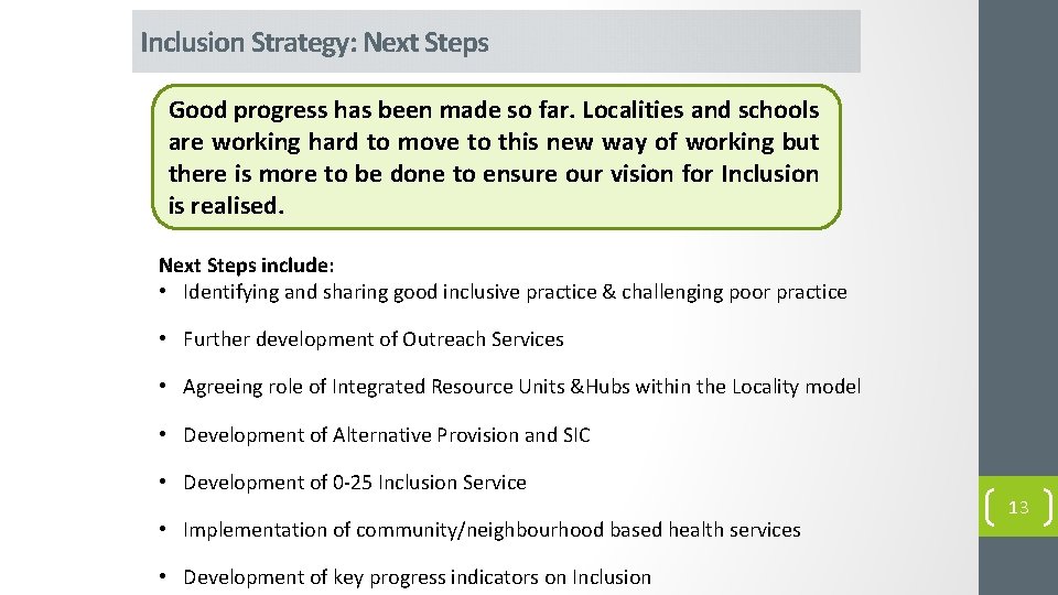 Inclusion Strategy: Next Steps Good progress has been made so far. Localities and schools