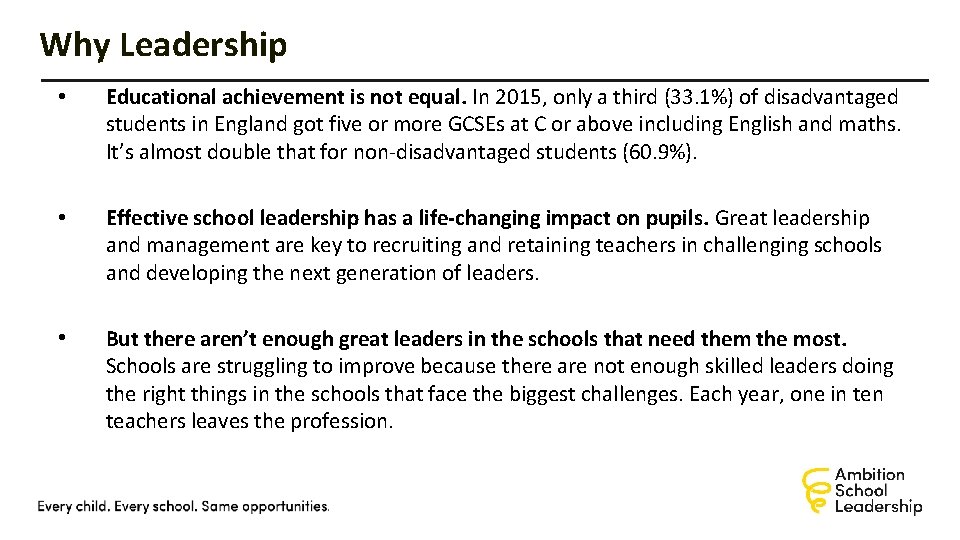 Why Leadership • Educational achievement is not equal. In 2015, only a third (33.