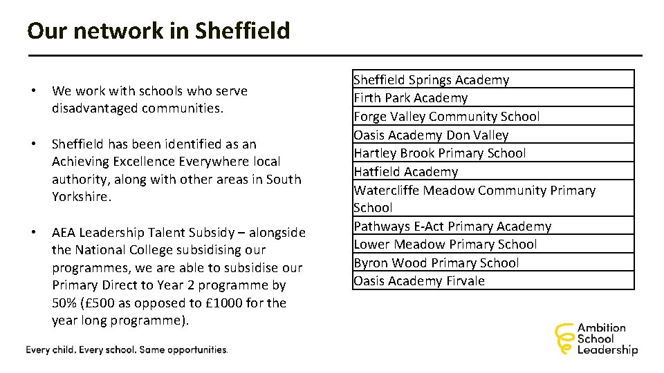 Our network in Sheffield • We work with schools who serve disadvantaged communities. •