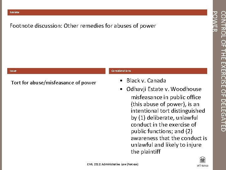 Footnote discussion: Other remedies for abuses of power Issue Considerations Tort for abuse/misfeasance of