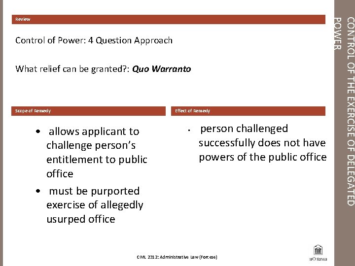 Control of Power: 4 Question Approach What relief can be granted? : Quo Warranto