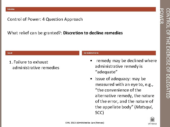 Control of Power: 4 Question Approach What relief can be granted? : Discretion to