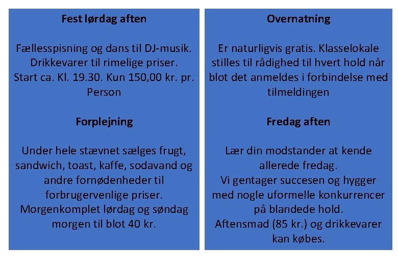 Fest lørdag aften Overnatning Fællesspisning og dans til DJ-musik. Drikkevarer til rimelige priser. Start