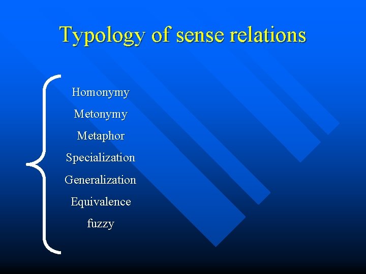 Typology of sense relations Homonymy Metaphor Specialization Generalization Equivalence fuzzy 