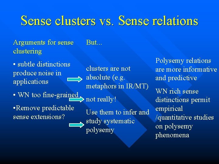 Sense clusters vs. Sense relations Arguments for sense clustering • subtle distinctions produce noise