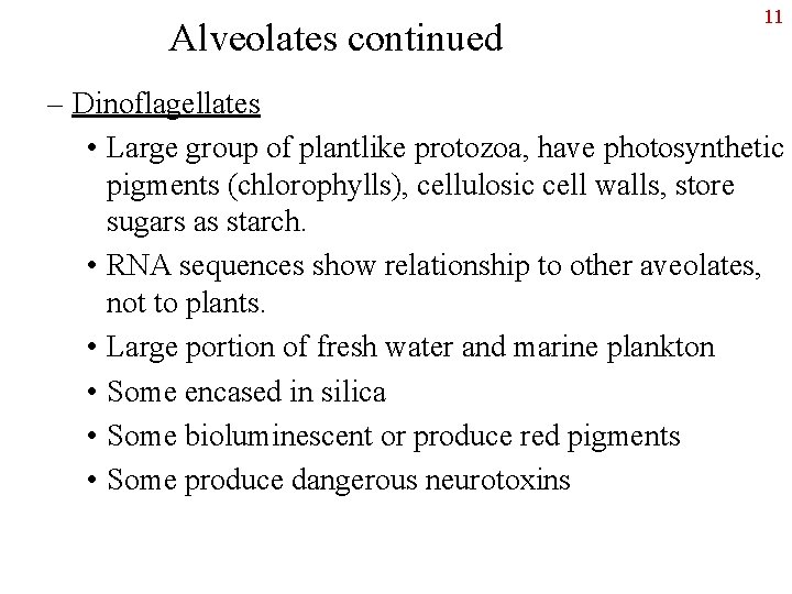 Alveolates continued 11 – Dinoflagellates • Large group of plantlike protozoa, have photosynthetic pigments