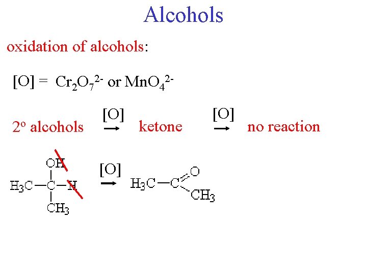 Alcohols oxidation of alcohols: [O] = Cr 2 O 72 - or Mn. O