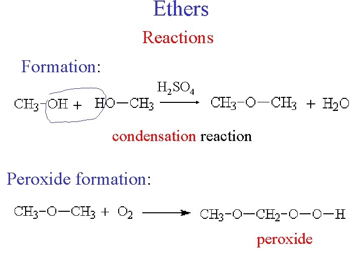Ethers Reactions Formation: H 2 SO 4 condensation reaction Peroxide formation: peroxide Ethers Reactions Formation: H 2 SO 4 condensation reaction Peroxide formation: peroxide