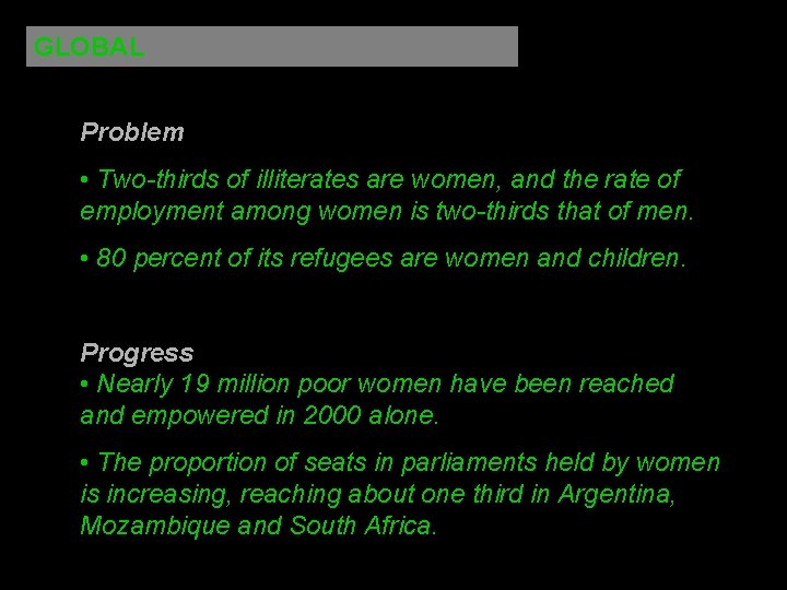 GLOBAL Problem • Two-thirds of illiterates are women, and the rate of employment among