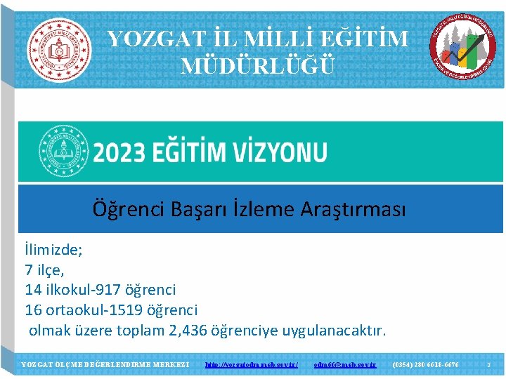 YOZGAT İL MİLLİ EĞİTİM MÜDÜRLÜĞÜ Öğrenci Başarı İzleme Araştırması İlimizde; 7 ilçe, 14 ilkokul-917