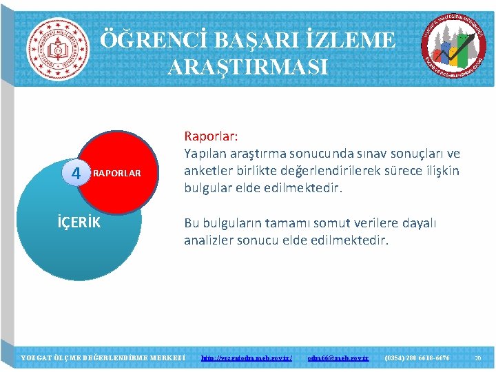 ÖĞRENCİ BAŞARI İZLEME ARAŞTIRMASI 4 RAPORLAR İÇERİK Raporlar: Yapılan araştırma sonucunda sınav sonuçları ve