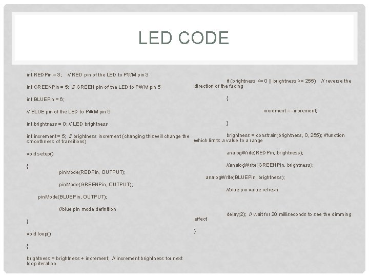 LED CODE int REDPin = 3; // RED pin of the LED to PWM