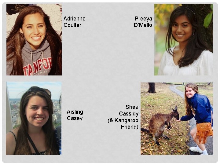 Adrienne Coulter Aisling Casey Preeya D’Mello Shea Cassidy (& Kangaroo Friend) 