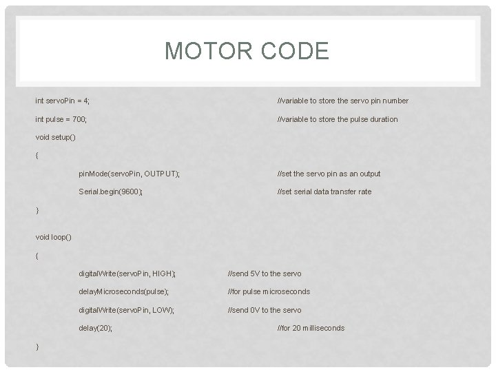MOTOR CODE int servo. Pin = 4; //variable to store the servo pin number