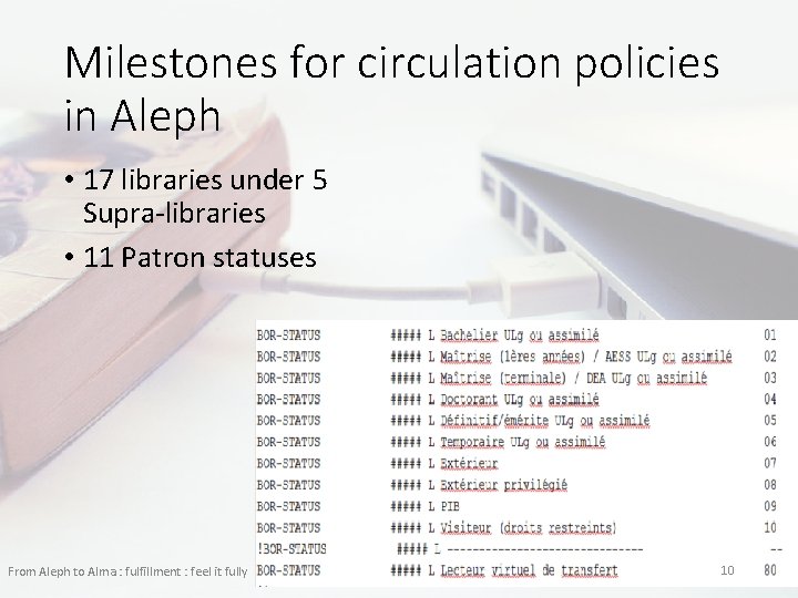 Milestones for circulation policies in Aleph • 17 libraries under 5 Supra-libraries • 11