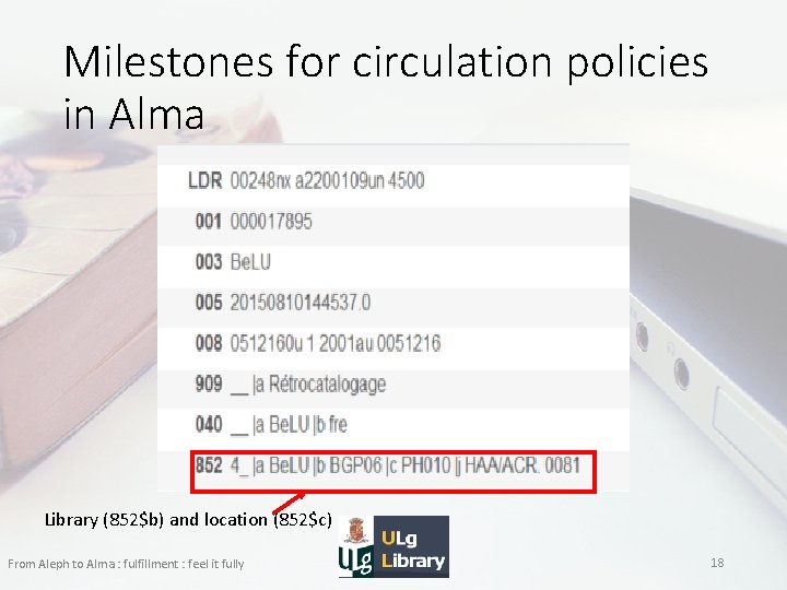 Milestones for circulation policies in Alma Library (852$b) and location (852$c) From Aleph to