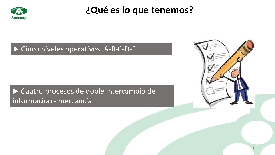 ¿Qué es lo que tenemos? ► Cinco niveles operativos: A-B-C-D-E ► Cuatro procesos de