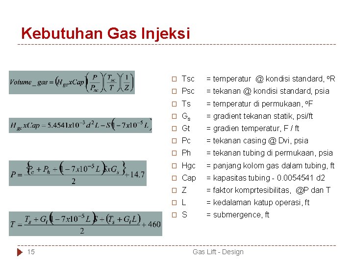 Kebutuhan Gas Injeksi 15 � Tsc = temperatur @ kondisi standard, o. R �