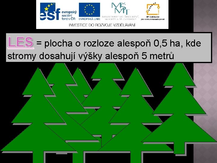 LES = plocha o rozloze alespoň 0, 5 ha, kde stromy dosahují výšky alespoň