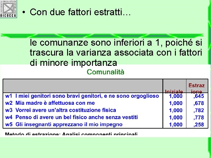  • Con due fattori estratti… le comunanze sono inferiori a 1, poiché si