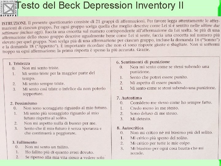 Testo del Beck Depression Inventory II 