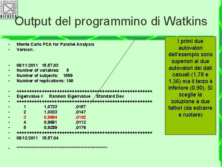 Output del programmino di Watkins • • Monte Carlo PCA for Parallel Analysis Version.
