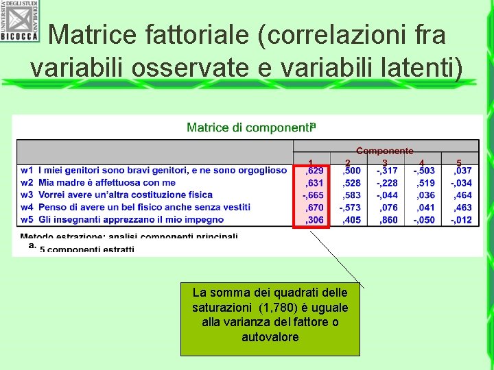 Matrice fattoriale (correlazioni fra variabili osservate e variabili latenti) La somma dei quadrati delle