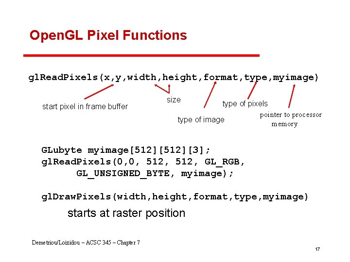 Open. GL Pixel Functions gl. Read. Pixels(x, y, width, height, format, type, myimage) start