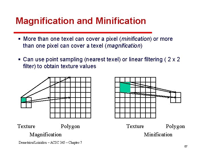 Magnification and Minification § More than one texel can cover a pixel (minification) or